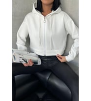 kadın kapüşonlu kısa sweatshirt GTS025 - Ekru