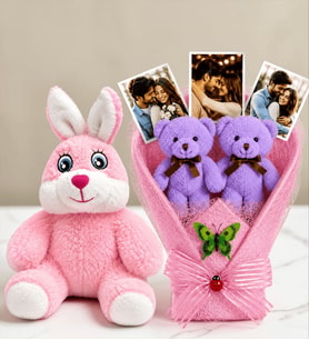 Kişiye Özel 3 Fotoğraflı Mor Peluş Ayıcık Buketi ve Pembe Peluş Tavşan Kadına Hediye Sevgiliye Hediye