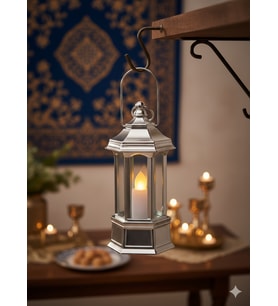 Ramazan Ledli Dekoratif Fener Parlak Gümüş Renk 10 cm Masa ve Raf Süsü