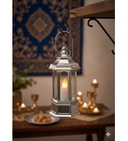 Ramazan Ledli Dekoratif Fener Parlak Gümüş Renk 10 cm Masa ve Raf Süsü