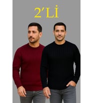 Erkek Fitilli Triko Kazak 2’li Set – Siyah - Bordo, Kalın Dokuma Pamuklu Regular Fit Bisiklet Yaka Uzun Kollu Rahat Kışlık Kazak Kombini
