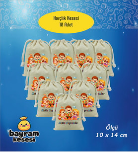Bayram Harçlık Kesesi 10'lu – Baskılı Ham Bez Bayram Kesesi, Çocuklar İçin Bayram Hediyesi Model-4
