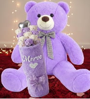 90 Cm Peluş Ayı & Kişiye Özel İsim Yazılı Peluş Silindir Vazo da 9'lu Pembe Ayıcık Buketi Seti Kıza, Eşe, Sevgiliye Hediye (Lila)