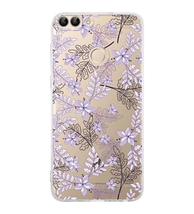 Huawei P Smart  Kamera korumalı Kapak Floral Lila Tasarımlı  Şeffaf Kılıf