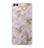 Huawei P Smart  Kamera korumalı Kapak Floral Lila Tasarımlı  Şeffaf Kılıf