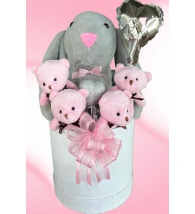 SOLE Premium Özel Kutusunda; 45 cm Gri Bunny Tavşan, Simli Kalp 4 Pembe Ayıcık ve Kalp Balonlu Buket (Gri - Açık Pembe)