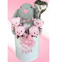 SOLE Premium Özel Kutusunda; 45 cm Gri Bunny Tavşan, Simli Kalp 4 Pembe Ayıcık ve Kalp Balonlu Buket (Gri - Açık Pembe)