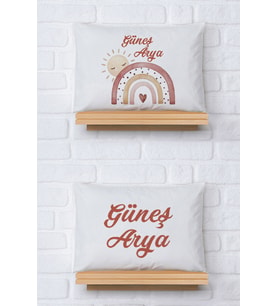Pia Baby Premium %100 Pamuk İkili İsim Yazılı Kız Bebek Yastık Kılıfı – 35x45 cm Organik Baskı 5059-13 (Ekru)
