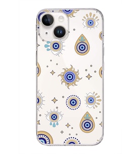 PrintiFy Apple  iPhone 14 ile Uyumlu 1mm Slim Fit Nazar Boncuğu 5 Baskılı Şeffaf  Kılıf