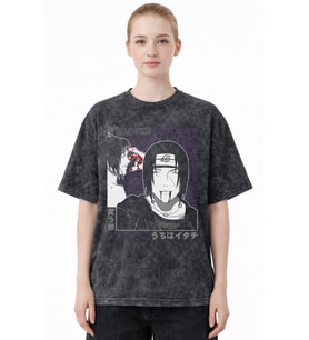 Tasarım Sasuke Uchiha Naruto Anime Baskılı Unisex Oversize Eskitme Yıkamalı Tişört