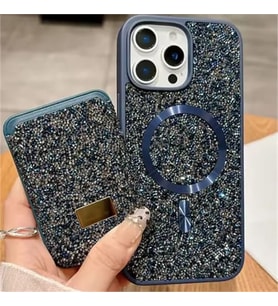 Coverzone iPhone 14 ile uyumlu K?l?f Parlak Elmas Desen Ta?l? MagSafe ile uyumlu Magnetik Kartl?k Elegance Kapak ?phone 14 i�in kilif Kablosuz ?arj Diamond Wallet Case Dark Blue