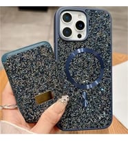 Coverzone iPhone 14 ile uyumlu K?l?f Parlak Elmas Desen Ta?l? MagSafe ile uyumlu Magnetik Kartl?k Elegance Kapak ?phone 14 i�in kilif Kablosuz ?arj Diamond Wallet Case Dark Blue