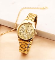 Henna Gold Metal Analog Kadın Kol Saati 2 Adet Bileklik Hediyeli