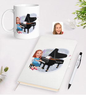 BK Gift Kişiye Özel Müzik Öğretmeni Karikatürlü Beyaz Defter Kalem Kupa Seti - 2