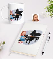 BK Gift Kişiye Özel Müzik Öğretmeni Karikatürlü Beyaz Defter Kalem Kupa Seti - 2