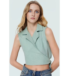 Keten Görünümlü Crop Bluz Ceket Yaka Kalın Askılı Yazlık Rahat Kullanım (Yeşil)