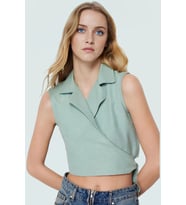 Keten Görünümlü Crop Bluz Ceket Yaka Kalın Askılı Yazlık Rahat Kullanım (Yeşil)