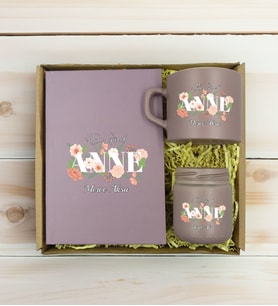 BK Gift Kişiye Özel İsimli DTF Anne Temalı Mat Gri Defter & Kahve Fincanı & Mum Hediye Seti-4, Anneye Hediye, Anneler Günü Hediyesi