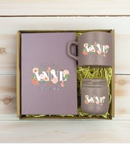 BK Gift Kişiye Özel İsimli DTF Anne Temalı Mat Gri Defter & Kahve Fincanı & Mum Hediye Seti-4, Anneye Hediye, Anneler Günü Hediyesi