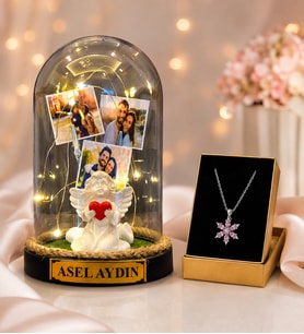 Kişiye Özel 3 Fotoğraflı Beyaz Melekli LED Işıklı Fanus ve Pembe Ametist Taşlı Lotus Kolye Hediye Seti