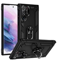 Samsung Galaxy S22 Ultra Uyumlu Kılıf Standlı Manyetik Yüzüklü Military Magnetic Ring Polycarbonate and TPU Case (Siyah)