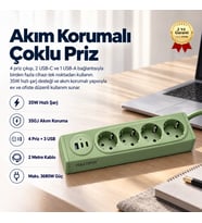 4 Prizli 35W Hızlı Şarjlı Akım Korumalı Çoklu Priz 2 USB-C, 1 USB-A