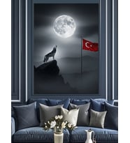 Ay Işığında Uluyan Kurt Ve Bayrak Dekoratif Kanvas - Mdf Ahşap Tablo