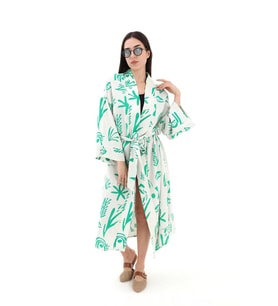 Baskılı Keten Kimono - Yeşil