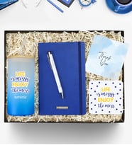 Kişiye Özel Mavi Defter & Pipetli Mavi Buzlu Cam Bardak & Gümüş Renk Detaylı Beyaz Tükenmez Kalem & Bardak Altlığı Hediye Seti