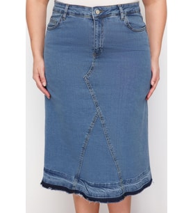 Moda Büyük Beden Regular Düz Desen Günlük Midi Boy Renk Bloklu Denim Etek