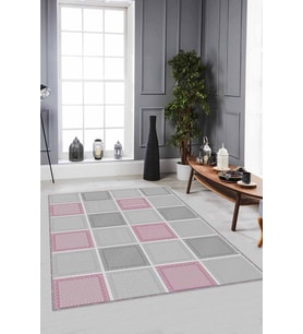 Pembe Geometrik Kaymaz Taban Makinede Yıkanabilir Halı DM09 - 100 x 160 cm
