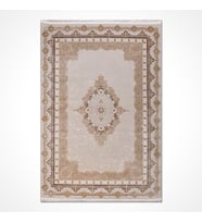 Bej Tonlarında Klasik Madalyon Desenli Salon Halısı Kabartmalı Eskitme Görünüm Vintage Dekor