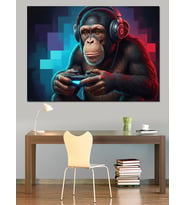 Kulaklıkla Müzik Dinleyen Gamer Şempanze Dekoratif Kanvas - Mdf Ahşap Tablo