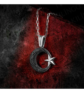 925 Ayar Gümüş Mikro Zirkon Taşlı Ayyıldız Motifli Usta İşi Erkek Kolye (Siyah)