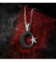925 Ayar Gümüş Mikro Zirkon Taşlı Ayyıldız Motifli Usta İşi Erkek Kolye (Siyah)