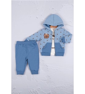 Persona Bear Nakışlı % 100 Pamuk 3'li Erkek Bebek Takım