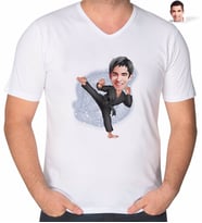 BK Gift Kişiye Özel Erkek Kareteci Karikatürlü V Yaka Tişört-1 (Beyaz)