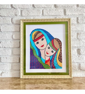 Seretamin Handmade Analı Kızlı Kanaviçe Nakışlı Tablo (Çok Renkli-Beyaz)