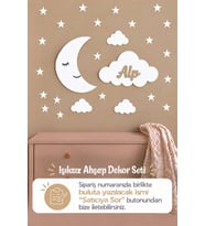 İsme Özel Ahşap Ay ve İsimli Bulut Bebek Odası Duvar Dekor Seti