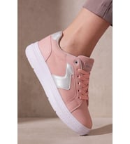 Pudra Kadın Sneaker Kalın Taban Bağcıklı Rahat Günlük Yürüyüş Spor Ayakkabı