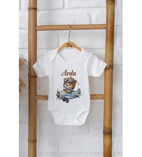 Pia Baby Premium %100 Pamuk İsme Özel Organik Baskılı Çıtçıtlı Bebek Body Zıbın Modelleri 5001-16 (Ekru)