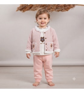 Kız Bebek Yakası Fistolu Düğmeli Cepli Simli Peluş Ceketli 3 'lü Takım - 12-18 AY / PUDRA