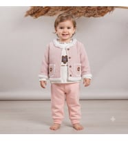 Kız Bebek Yakası Fistolu Düğmeli Cepli Simli Peluş Ceketli 3 'lü Takım - 12-18 AY / PUDRA