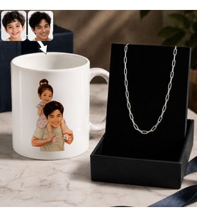 BK Gift Kişiye Özel Baba&Çocuk Karikatürlü Beyaz Kupa & Ataç Zincir Kolye -4, Babalar Günü Hediyesi