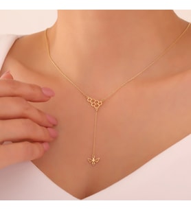 925 Ayar Gümüş Bal Peteği ve Sallantılı Arı Kolye (Gold)