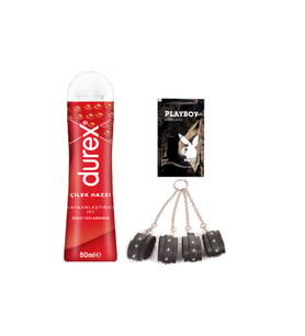 Durex Çilekli 50 ml Jel + Siyah Deri El&Ayak Kelepçesi + Hediye