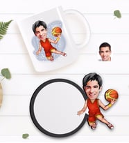 BK Gift Kişiye Özel Erkek Basketbolcu Karikatürlü Beyaz Kupa ve Ahşap Bardak Altlığı Hediye Seti-1