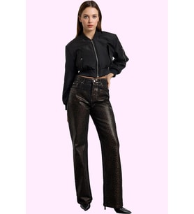 Kadın Geniş Paça Yüksek Bel Leopar Baskılı Jean Uzun Boy Pamuklu Günlük Stil Modern Tasarım (Kahverengi)