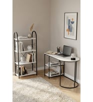 Çalışma Masası ve Kitaplık Seti Metal Ayaklı,Minimalist Tasarım,Geniş Masa Alanı,Çok Raflı Beyaz