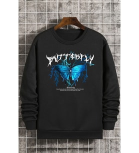Unisex Blue Butterfly Bisiklet Yaka Sweatshirt (Siyah)